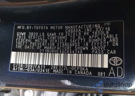 2016 Toyota Corolla L from USA, damaged, VIN 2T1BURHE4GC644246